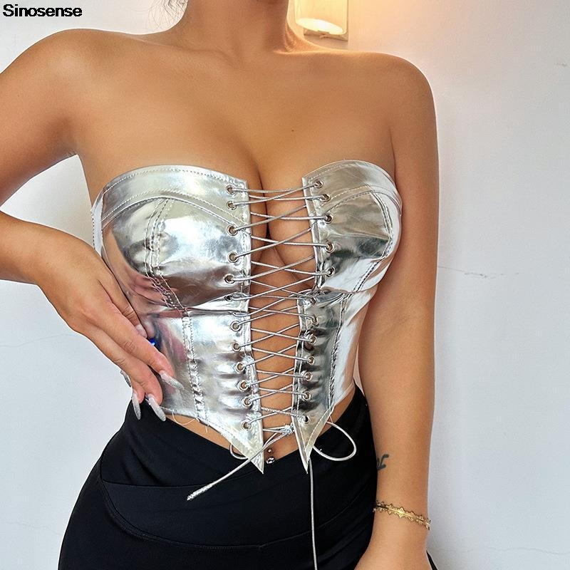 Strapless Bra Backless - ผู้หญิง PU หนัง Bustier Crop Tube